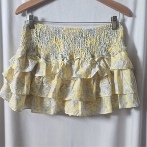 NWT Divided H&M Yellow/Gray Paisley Ruffle Tiered Elastic Waist Mini Skirt Sz M